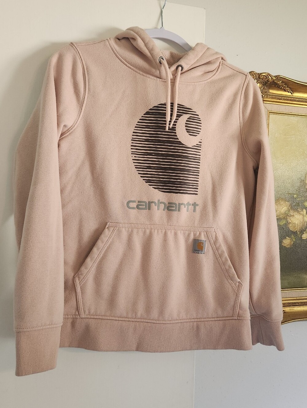 Carhartt Light Pink Rain Defender Pullover Hoodie with Dark Logo